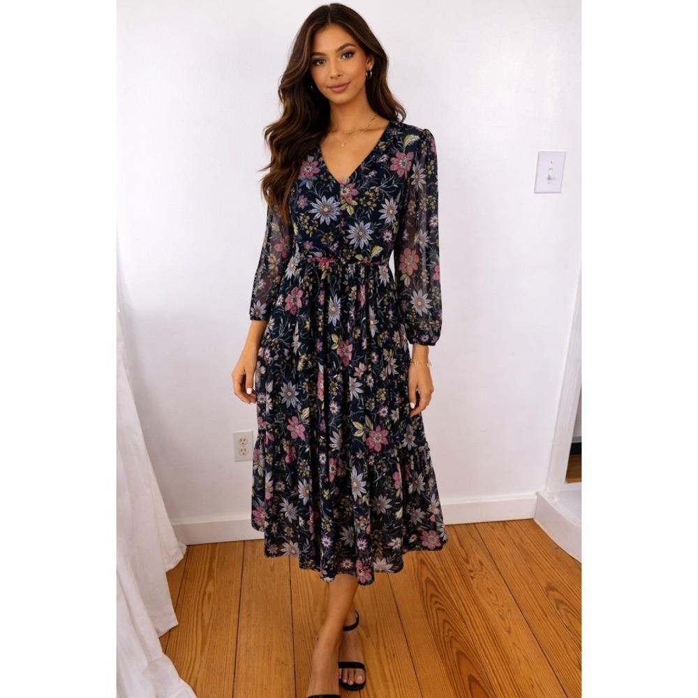 Susan Graver Floral Chiffon Midi Dress Flowy Resort Boho S Med